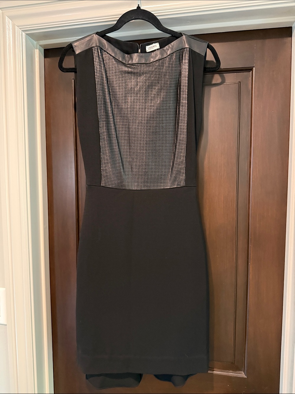 L’agence Black Midi Dress with leather Mesh Accent